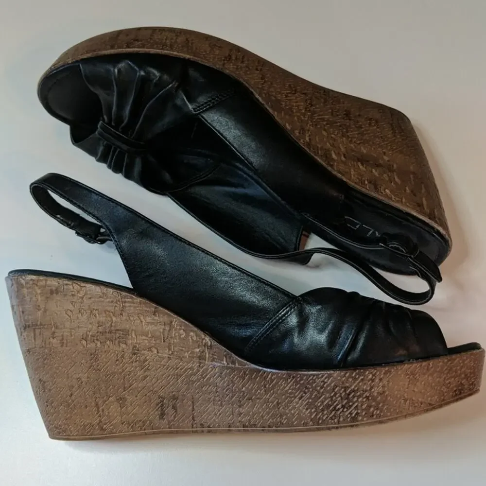 ALDO Black Wedge Peep Toe Slingback Sandals 39